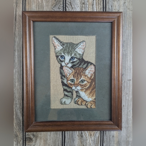 Counter Cross Stitch Two Cats Framed Art Vintage Homemade - Picture 1 of 6